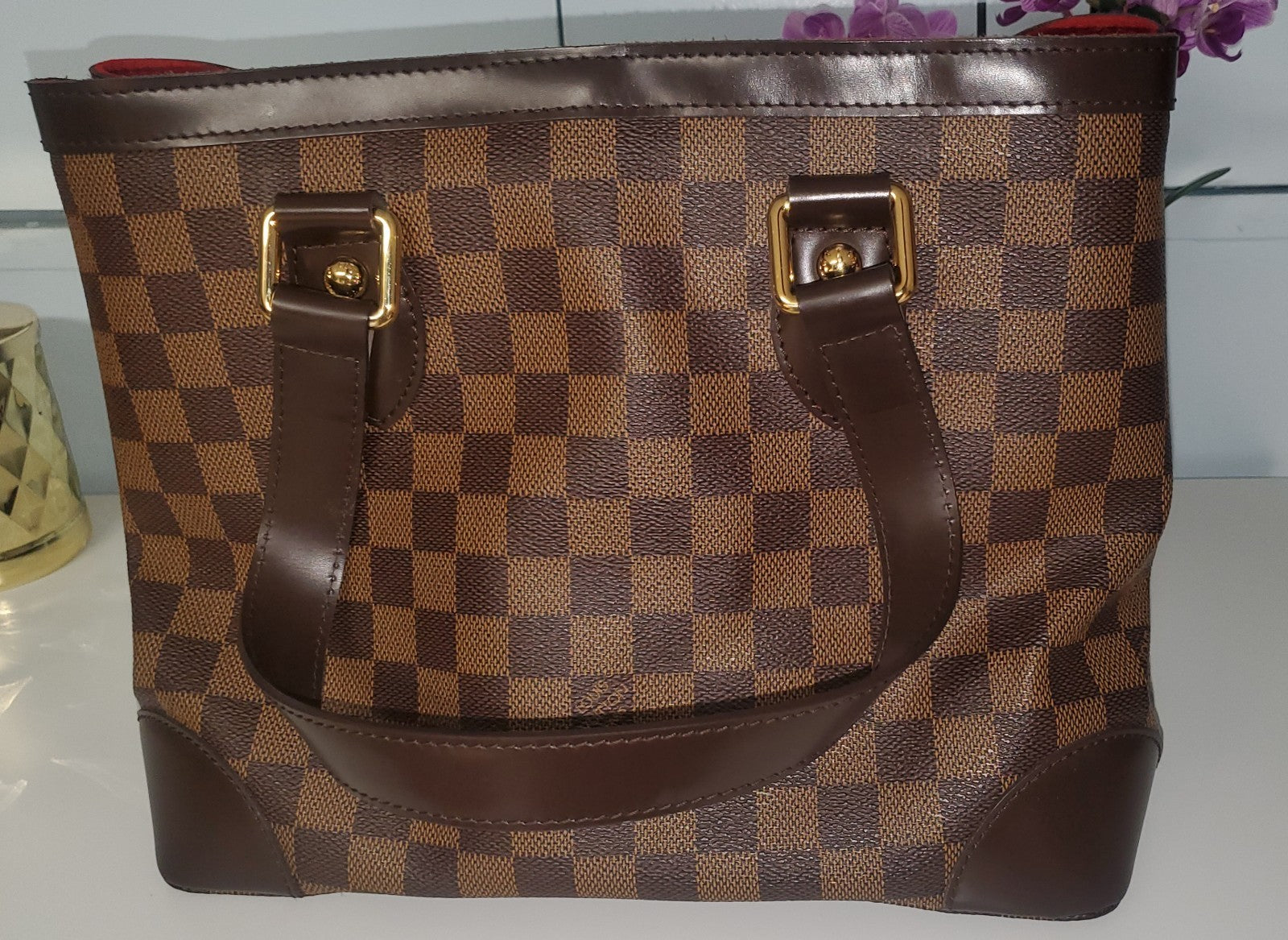 Pre-owned Louis Vuitton Damier Hampstead Ebene PM Shoulderbag Hardware Red Lined2