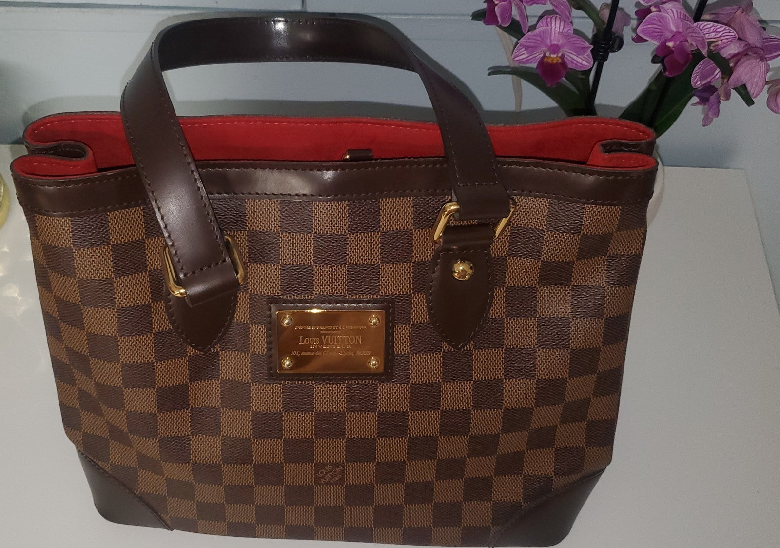 Pre-owned Louis Vuitton Damier Hampstead Ebene PM Shoulderbag Hardware Red Lined1